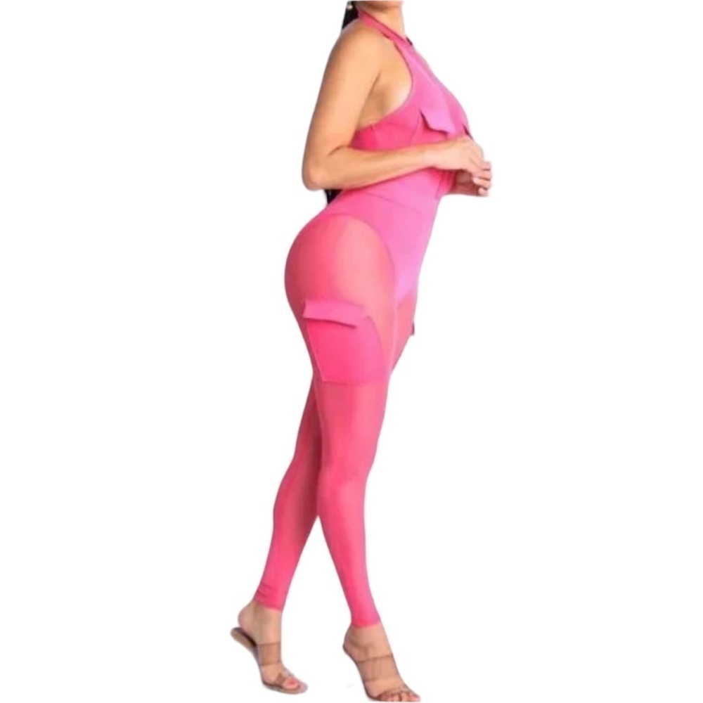 Pocket Detailed Halter Bodysuit Matching Mesh Contrast Leggings Set
New - Picture 5 of 6